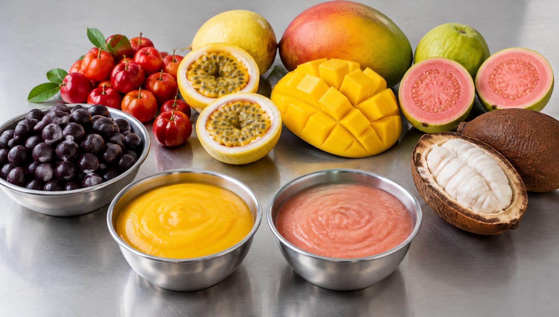Açaí berries, acerola, passion fruit, mango, guava and opened cupuaçu beside bowls of yellow and pink fruit purée on a stainless steel surface