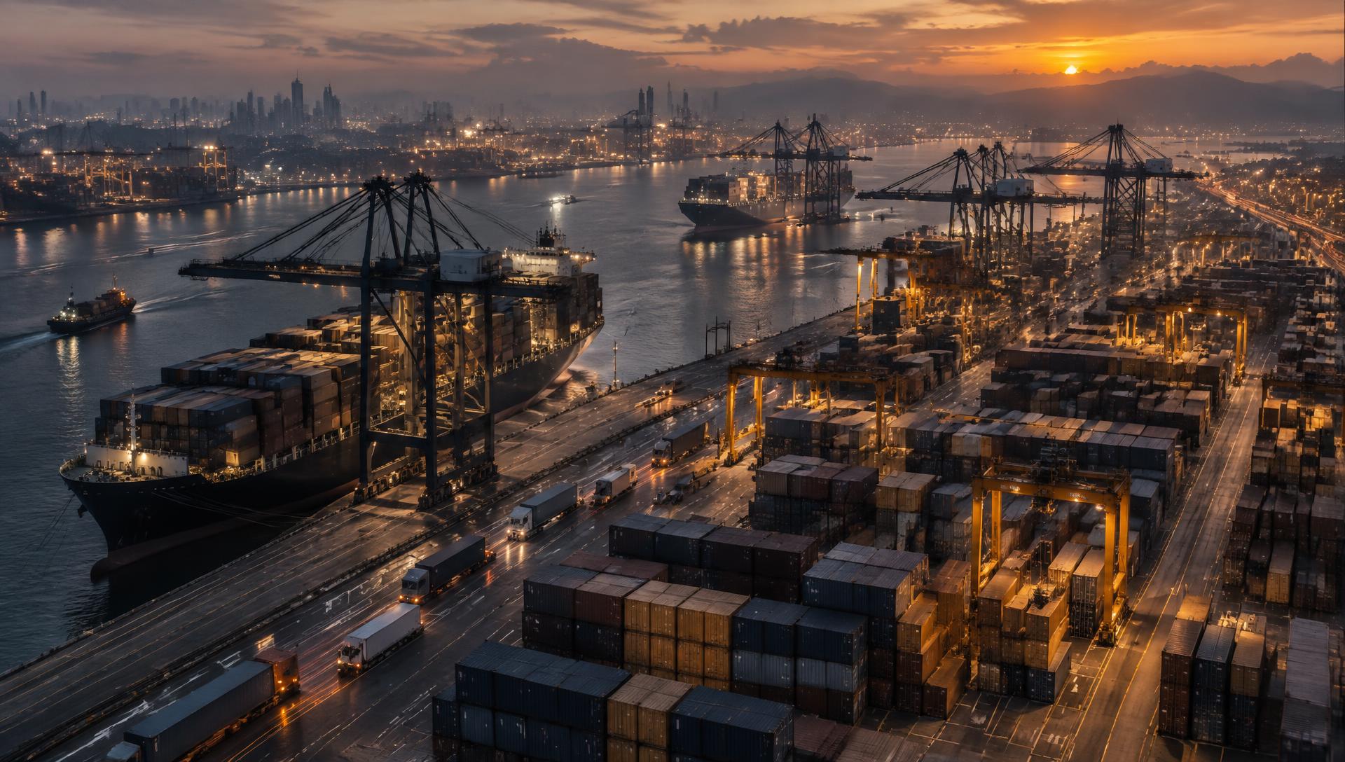 Container port at dusk with cargo ships, gantry cranes, stacked shipping containers and trucks moving along the quay
