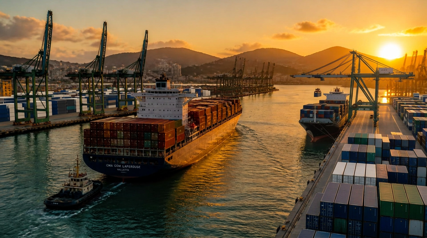 Brazilian flag overlooking a cargo ship, port containers, cranes, water, and mountains at sunset