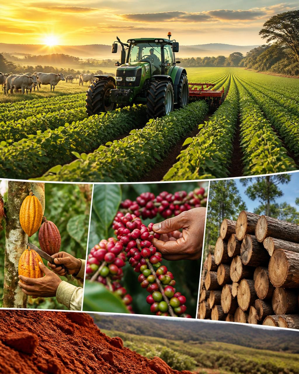 Brazilian agriculture collage: tractor in green fields, cattle, cacao, coffee cherries, and sustainable timber